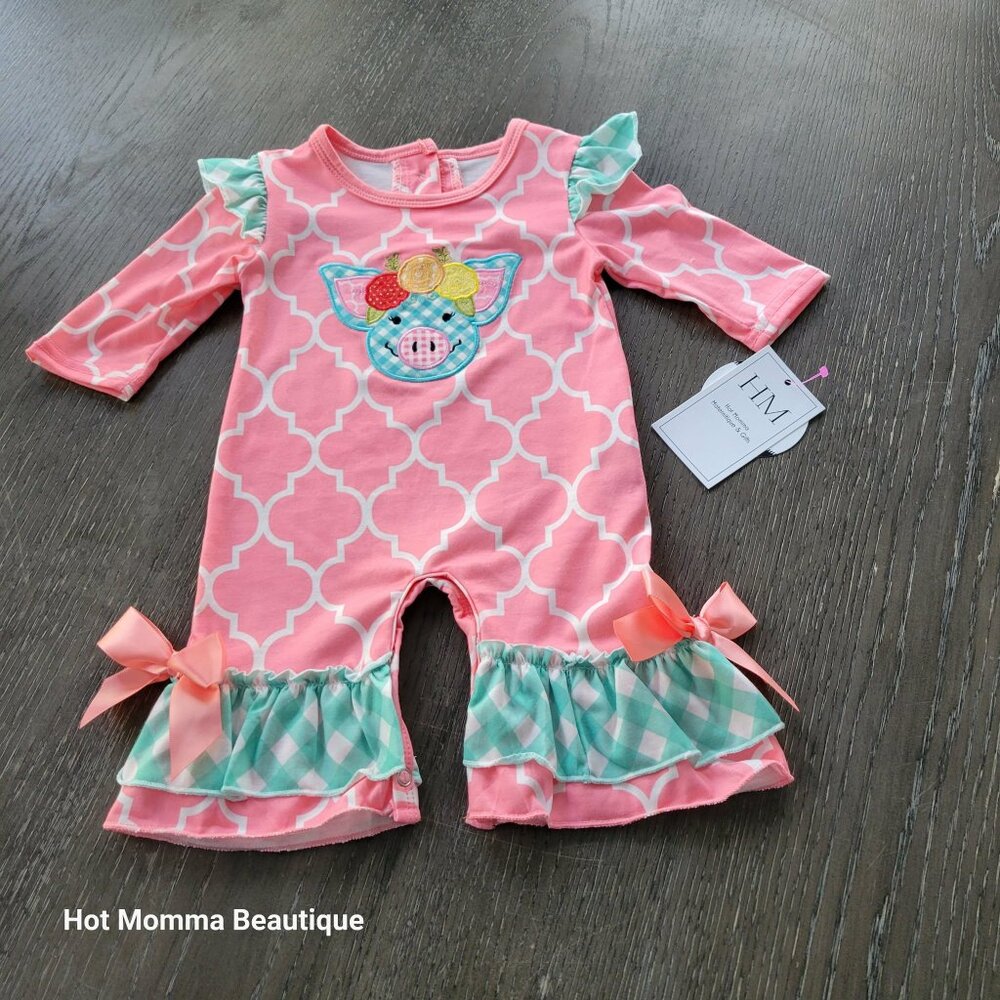 Baby Girl Prissy Pig Pink & White Long Sleeve Ruffle Pig Applique Romper 6M